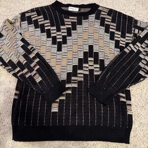 Vintage 90s Bellagio Black Woven Pattern‎ Cotton Knit Sweater Made In USA Large